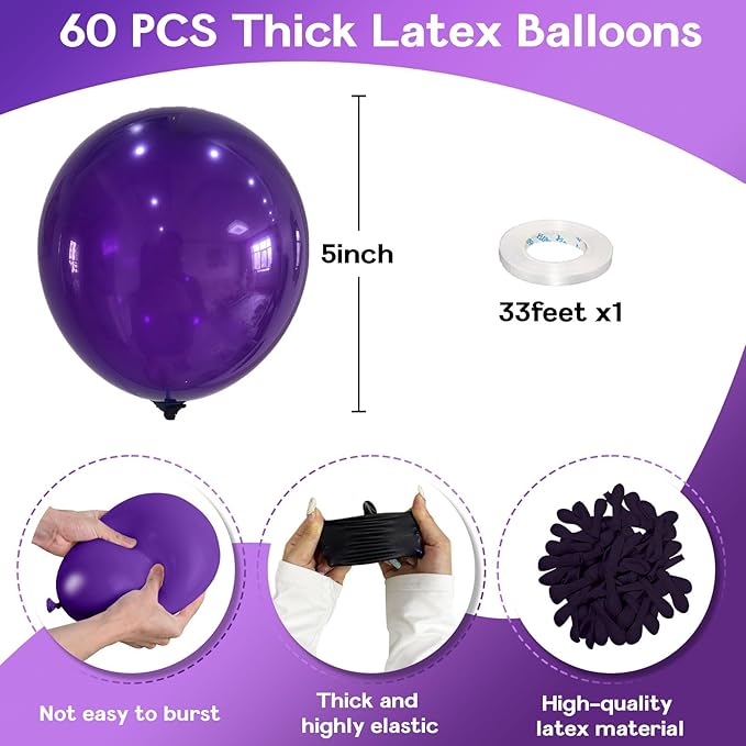 Purple Balloons 5 Inch, 60 Pcs Small Dark Purple Balloon Royal Purple Latex Balloons for Arch 5'' Mini Deep Purple Helium Balloons for Wednesday Birthday Halloween Graduation Party Decorations