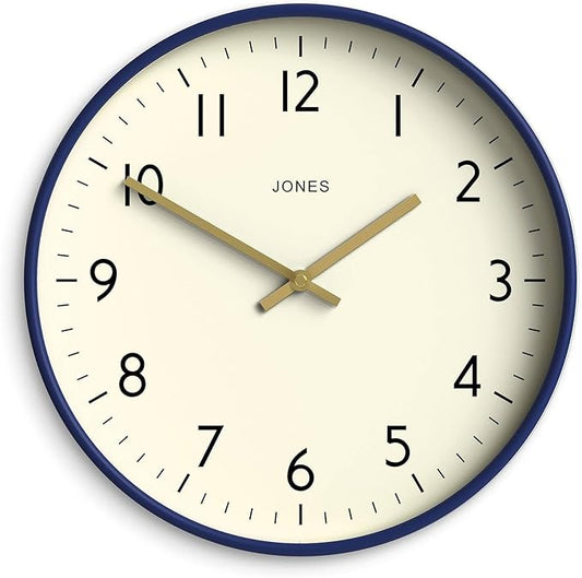 JONES CLOCKS® Studio Wall Clock | Modern Round Style | 12 inch | Dark Navy Blue | Easy to Read Numbers | Versatile Design for Kitchen, Living Room or Office