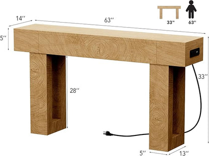 63 Inch Long Console Table w/Outlets & USB Ports, Narrow Rectangular Sofa Table Behind The Couch, Farmhouse Entryway Table for Entrance, Hallway, Living Room