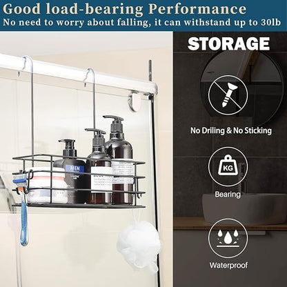 2pcs Single-Layer Shower Caddy Hanging Shower Orangizer Stainless Steel Shower Rack with Hooks Over The Door, Shampoo Basket Storage (Black)