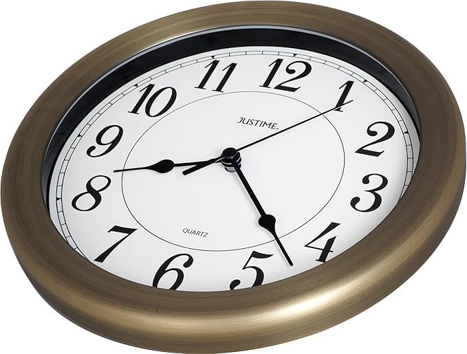 JUSTIME Water Resistant 8.5 inch Retro Bronze Wall Clock - Kitchen, Bathroom, Office Decor, Battery Operated, Quiet Movement, Small Space Solution, Indoor Use, Metal & Plastic Frame