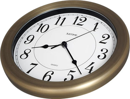 JUSTIME Water Resistant 8.5 inch Retro Bronze Wall Clock - Kitchen, Bathroom, Office Decor, Battery Operated, Quiet Movement, Small Space Solution, Indoor Use, Metal & Plastic Frame