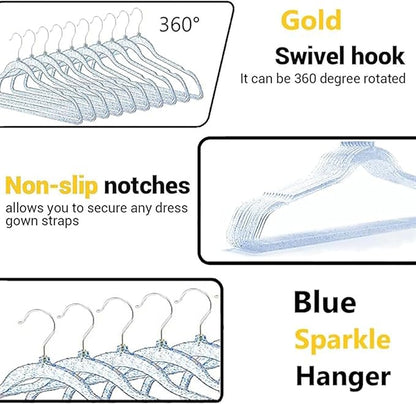 Blue Clothes Hangers 16", 20 Pack Plastic Clear Coat Hanger for Adult Closet, Durable Bling Ganchos de Ropa with Swivel Hook, Notched Shoulders & Ultra-Thin Space Saving Laundry Hanger for Dress Suits