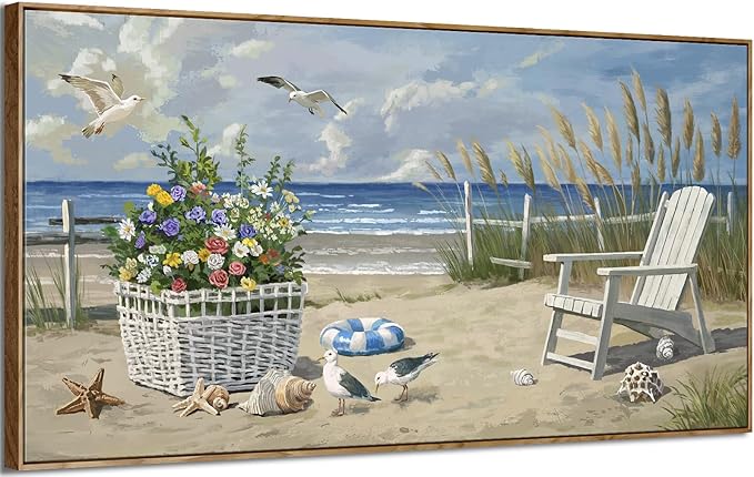 ARTZON Coastal Canvas Wall Art – Framed Sea Scene Oversized Print Artwork Beach Chair Sand Blue Ocean Landscape Picture for Living Room, Office Decor, 58x29 Inch