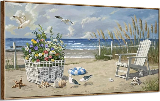 ARTZON Coastal Canvas Wall Art – Framed Sea Scene Oversized Print Artwork Beach Chair Sand Blue Ocean Landscape Picture for Living Room, Office Decor, 58x29 Inch