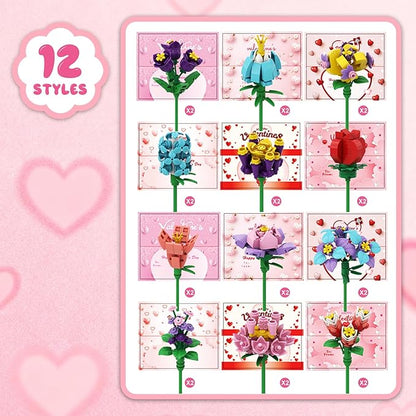 24Pcs Valentine's Day Gifts Party Favor Valentines Small Flower with Valentine Greeting Cards Bouquet Building Blocks Toys for Boys Girls Gifts School Exchange Prize Party Favors