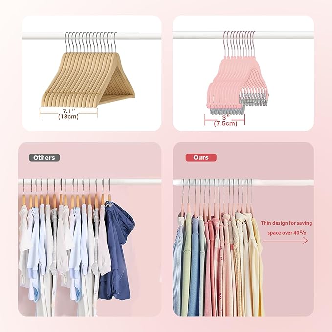 Baby Clothes Hangers with Clips, 14 Packs Kids Velvet Clothes Hangers, Heavy-Duty Childrens Hangers, Storage Organizer Clothing Hangers for Shirts, Pants, Skirts, Dresses, Jackets, Coat Pink