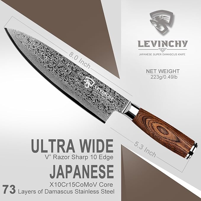 Damascus Chef's Knife 8 inch Professional Handmade Damascus Stainless Steel Kitchen Knife, Superb Edge Retention, Stain & Corrosion Resistant, Ergonomic PAKKA Wood Handle
