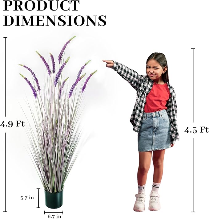 KOL 5ft Artificial Veronica Horsetail Reed Grass – 59in Tall Faux Purple Grass Plant in Pot, Indoor Outdoor Artificial Greenery for Home, Office, Patio & Wedding Décor, UV Resistant