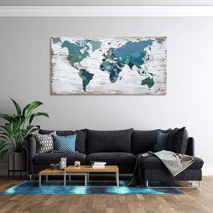 Teal Decor World Map Canvas Wall Art Pictures for Living Room Decoration Blue Wall Decor Office World Map Art Map of the world Picture Framed Artwork for Home Bedroom Decoration 20"x40"