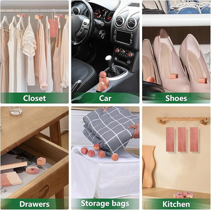 ESRICH Cedar Blocks for Clothes Storage 100PCS,Cedars Planks with Metal Hooks, Cedar Wood Chips Cedars Rings and Balls for Closets and Drawers