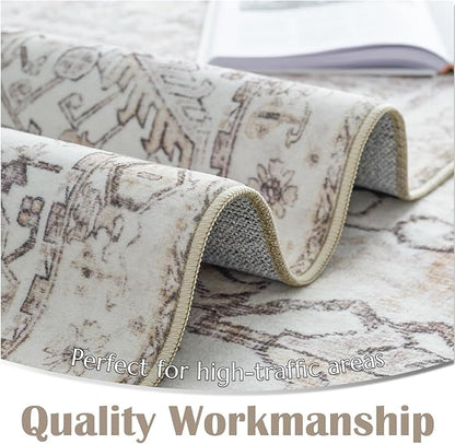 jinchan Hallway Runner Rug 3x8 Washable - Vintage Floral Non Slip Low-Pile Soft Ultra-Thin Faux Wool Kitchen Rug Distressed Carpet Runner for Farmhouse Bedroom Laundry (3x8ft,Taupe)