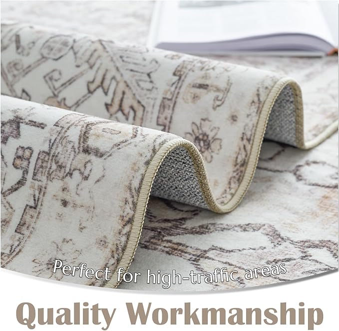 jinchan Hallway Runner Rug 2x8 Washable - Vintage Floral Non Slip Low-Pile Soft Ultra-Thin Faux Wool Kitchen Rug Distressed Carpet Runner for Farmhouse Bedroom Laundry (2x8ft,Taupe)