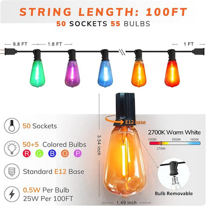 Achin Colored Outdoor String Lights 100Ft LED Multicolor Patio Lights with 55pcs ST38 Colorful Shatterproof Bulbs Rainbow String Lights for Bistro Christmas