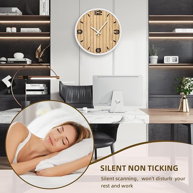 Round Wall Clock Battery Operated, Modern Wooden Small Analog Clocks 12 Inch Silent Non-Ticking for Home, Office, Apartment, Living Room, Bathroom, Kitchen, Bedroom