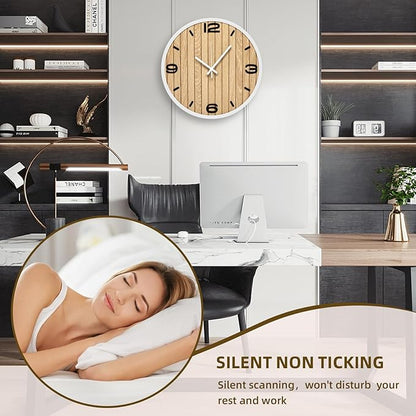 Round Wall Clock Battery Operated, Modern Wooden Small Analog Clocks 12 Inch Silent Non-Ticking for Home, Office, Apartment, Living Room, Bathroom, Kitchen, Bedroom