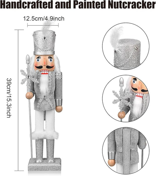 Wooden Christmas Soldier Nutcracker Decorations, 15 Inch Nutcracker Figure Christmas Decor for Shelves and Tables (Silver)