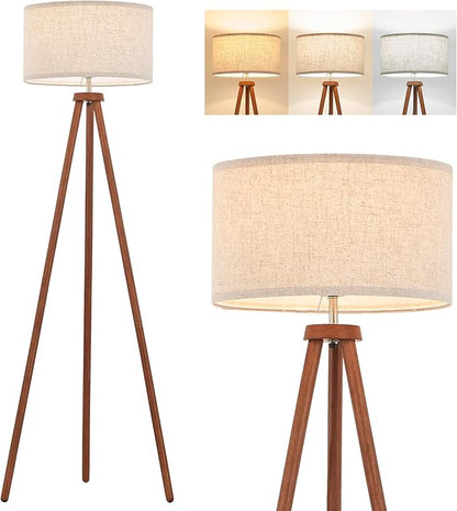 ELYONA Wood Tripod Floor Lamps for Bedroom, Vintage Standing Light 3 Color Temperatures LED Bulb Included & Beige Linen Shade, Tall Floor Lamp for Living Room Office Study Room, Brown & Nickel Metal