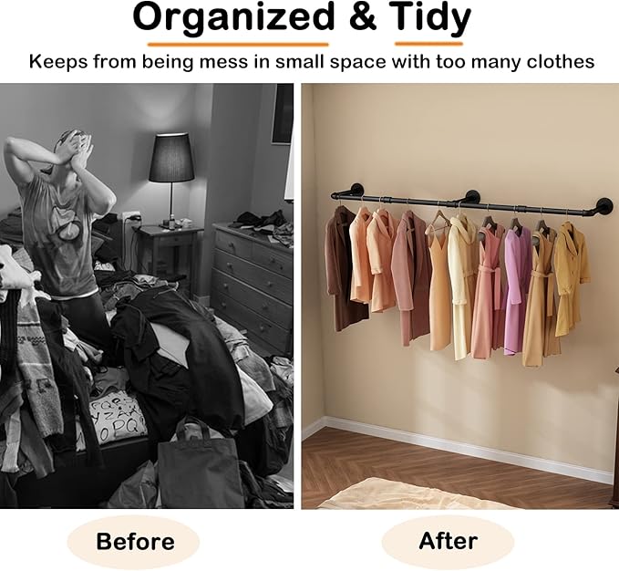 Wall Mounted Clothes Rack 72.5in, Industrial Pipe Clothing Racks Wall Mount, Heavy Duty Detachable Iron Garment Bar, Saving Space, Multi-Purpose Hanging Rod for Bedroom, Laundry Room, 2 Packs