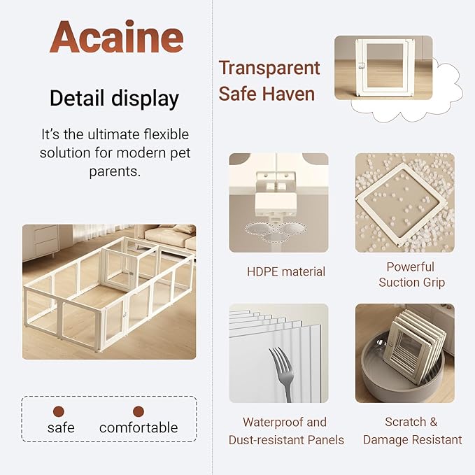 Transparent 14-Panel Dog Playpen, Acrylic Indoor/Outdoor Puppy Pen for Small & Medium Dogs, 30 Inch with Door, White(Fully Transparent 97 * 50 Two Rooms,30 inch)