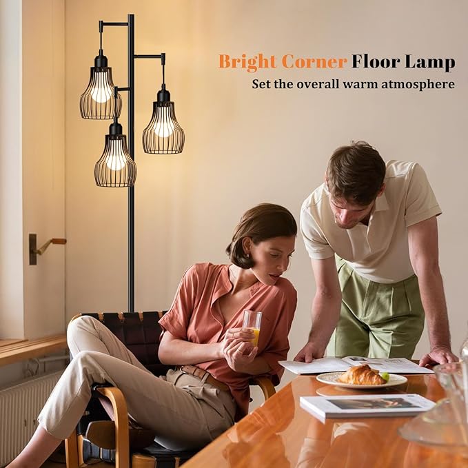 Dimmable Floor Lamps for Living Room, Farmhouse Tree Standing Tall Lamp with Remote Control 3 Elegant Cage Shade LED Bulbs for Bedroom Office - Black