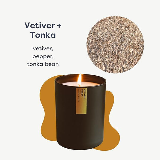 Calyan Wax Co. Vetiver & Tonka Scented Candle - 75 Hour Burn - Luxury Non Toxic Soy Wax Candles - Long Lasting Black Tumbler Jar Candle for Home - 10.2oz