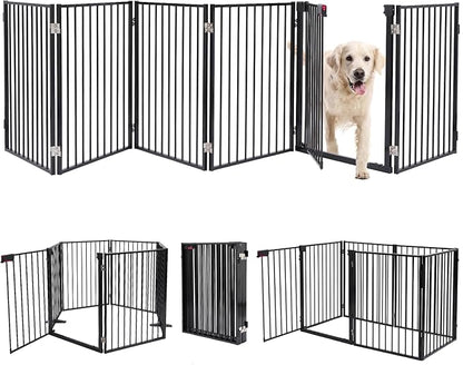 Metal Freestanding Dog Gates with Door,Extra Wide 24", 32" Height Foldable Dog Fence for Indoor & Outdoor, Heavy Duty Freestanding Pet Barrier for Stairs, Doorways, Halls, Kitchen,Yard,Christmas Tree