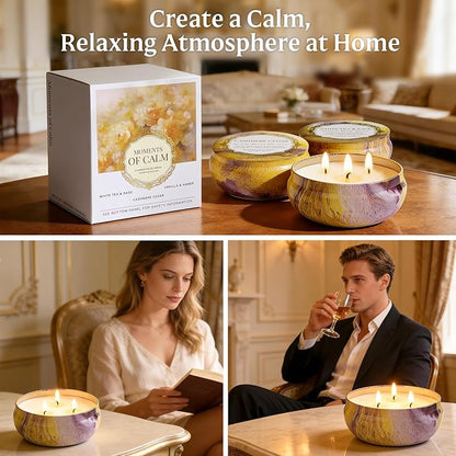 3-Pack Large 3-Wick Tin Candle Set, 14oz Each — White Tea & Sage, Vanilla Amber, Cashmere Cedar — Luxury Strong-Throw Aromatherapy Candles in Gift Gold 6.3 x 7.09 in