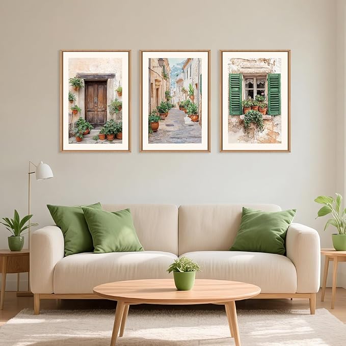 Large Vintage Italy Cityscape Framed Canvas Wall Art,Minimalist Europe Street Art Prints,Natural Green Window Wall Decor,Modern Country Landscape Artwork for Living Room,Dining Room -16"x24"x3