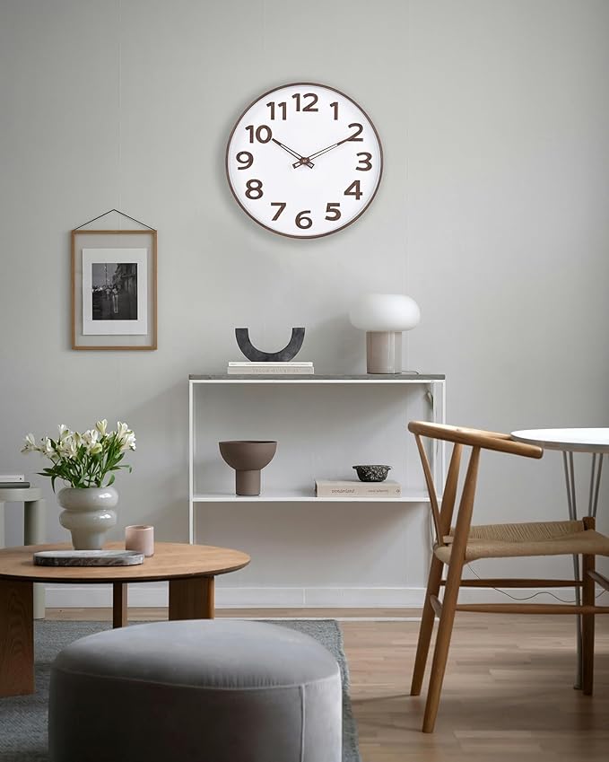 45MinST 12-Inch Modern Faux Wall Clock, Large Numbers, Silent Non-Ticking, Real Wood Hands, Accurate Timekeeping, Decorative Accent for Home or Office(Wood Color)