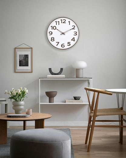 45MinST 12-Inch Modern Faux Wall Clock, Large Numbers, Silent Non-Ticking, Real Wood Hands, Accurate Timekeeping, Decorative Accent for Home or Office(Wood Color)
