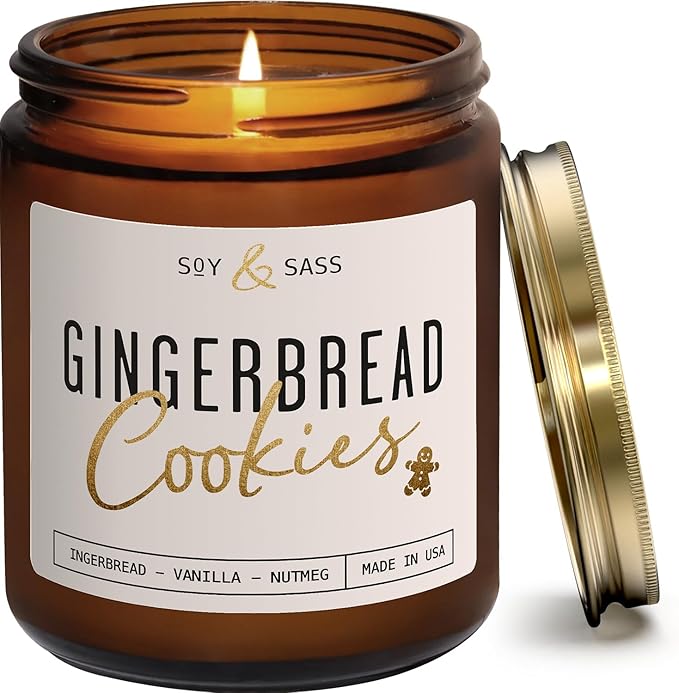 Gingerbread Candle, Christmas Candles Scented – ‘Gingerbread Cookies’ Soy Candle, w/Gingerbread, Cinnamon & Vanilla - Infused with Essential Oils I 9oz, 50Hr, Made in USA