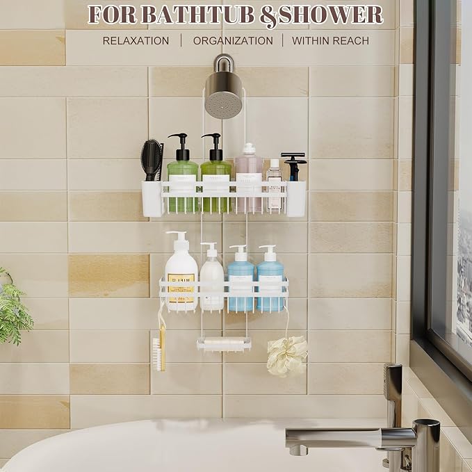 Shower Caddy Hanging for Bathroom Organizers and Storage, Adjustable Anti-Swing Shower Organizer for Wall-Mounted Showerhead with Heavy-Duty Suction Cups, Damage-Free Rustproof (White)
