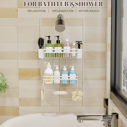 Shower Caddy Hanging for Bathroom Organizers and Storage, Adjustable Anti-Swing Shower Organizer for Wall-Mounted Showerhead with Heavy-Duty Suction Cups, Damage-Free Rustproof (White)