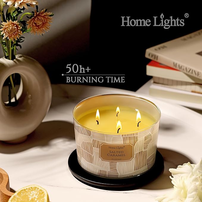 HomeLights Soy Wax Candles for Home Scented, 4-Wick Candles in Salted Caramel Scented, Rustic Modern Aromatherapy Candles Gift for Parties, Relaxing, 18oz