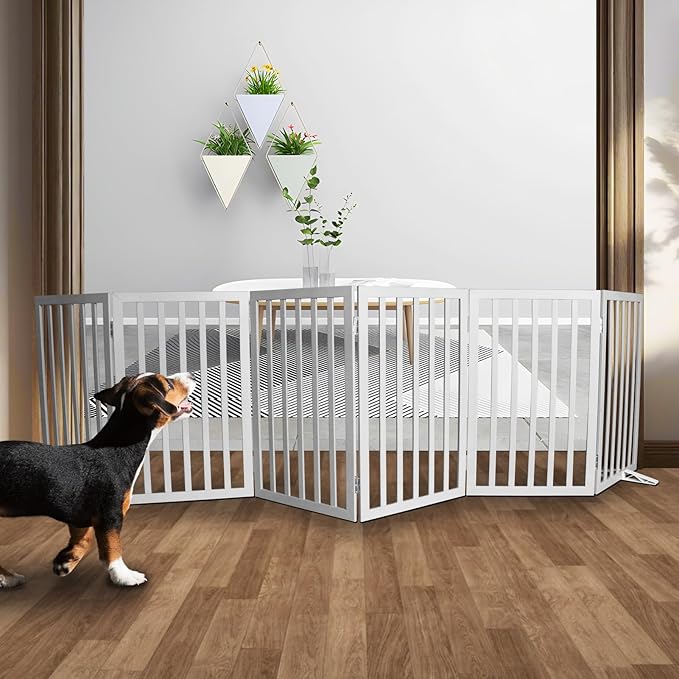 Dog Gate Indoor, Freestanding Dog Fence for The House, Doorways, Hallways,or Stairs,Pet Gate Foldable Wooden,Expandable 32" Height 6 Panels,Grey