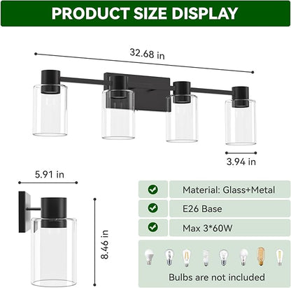 4-Light Modern Vanity Light Fixtures Over Mirror, Matte Black Bathroom Light Fixtures, Vanity Lights, Wall Sconce with Clear Glass Shade for Bathroom, E26 Base