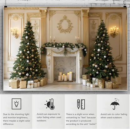 YongFoto Christmas Fireplace Backdrop 10x8ft Room Christmas Trees Classic Retro Wall Photography Background New Year Xmas Eve Family Winter Holiday Party Banner Photoshoot Wallpaper Photo Booth