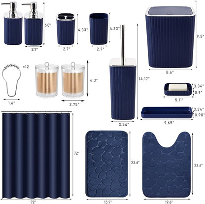Bathroom Set with Shower Curtain and Rugs- 25PC Bathroom Accessory Set, Navy Blue Shower Curtain Set, Toilet Brush, Trash Can, Qtip Holder Dispenser & Soap Dispenser