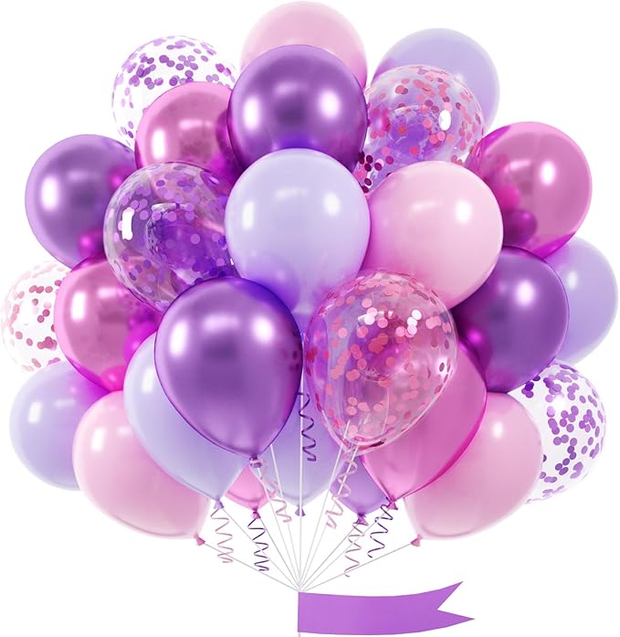 Pink and Purple Balloon, 60 Pcs 12 Inches Metallic Purple Pink Confetti Latex Balloons for Girls Birthday Baby Shower Wedding Party Decorations