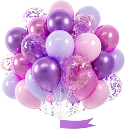 Pink and Purple Balloon, 60 Pcs 12 Inches Metallic Purple Pink Confetti Latex Balloons for Girls Birthday Baby Shower Wedding Party Decorations
