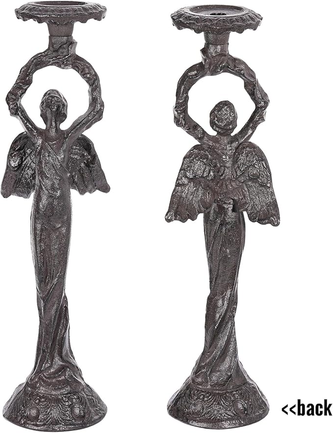 Sungmor Vintage Cast Iron Angel Candlestick Holder – 22.6” Antique Gothic Candle Stand for Home Decor, Taper & Pillar Candles, Rustic Black Decorative Centerpiece