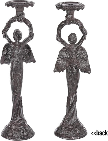 Sungmor Vintage Cast Iron Angel Candlestick Holder – 22.6” Antique Gothic Candle Stand for Home Decor, Taper & Pillar Candles, Rustic Black Decorative Centerpiece