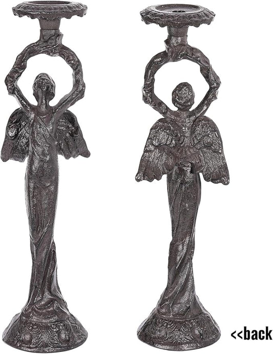 Sungmor Vintage Cast Iron Angel Candlestick Holder – 22.6” Antique Gothic Candle Stand for Home Decor, Taper & Pillar Candles, Rustic Black Decorative Centerpiece