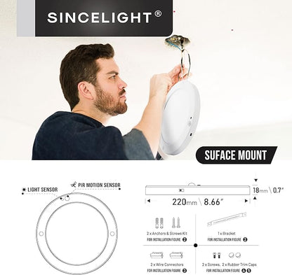 SINCELIGHT PIR Motion Sensor 18W LED Ceiling Light (Φ9''/220mm), Automatically ON/Off, Movement Activated, Dual Mode Turnable, Neutral White 4000K, Surface/Flush Mount for Hallway,Porch, Pack of 1