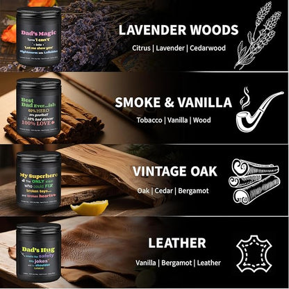 Scented Candles for Men, 4 Pack Mens Candle Set for Dad, 28oz Soy Dad Candles for Home Scented - Lavender Woods/Smoke Vanilla/Vintage Oak/Leather, Gifts for Father, Birthday, Father’s Day