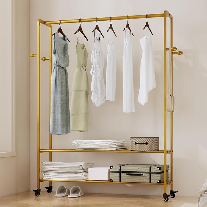 Heavy Duty Clothes Rack, 47.2" Wide Metal Garment Rack,Standing Rolling Clothing Rack for Hanging Clothes with Sturdy Wheels & Shelves,Wardrobe Rack for Coats, Shirts, Dress