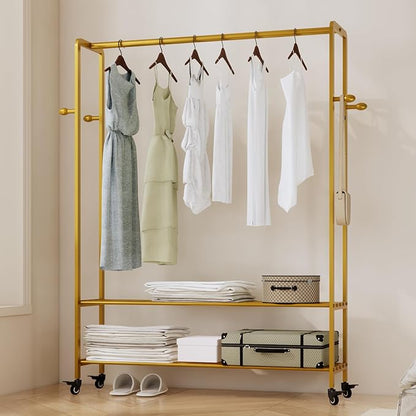 Heavy Duty Clothes Rack, 47.2" Wide Metal Garment Rack,Standing Rolling Clothing Rack for Hanging Clothes with Sturdy Wheels & Shelves,Wardrobe Rack for Coats, Shirts, Dress