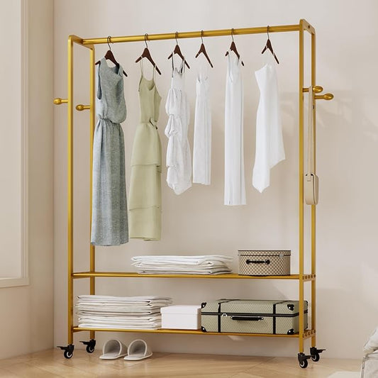 Heavy Duty Clothes Rack, 47.2" Wide Metal Garment Rack,Standing Rolling Clothing Rack for Hanging Clothes with Sturdy Wheels & Shelves,Wardrobe Rack for Coats, Shirts, Dress