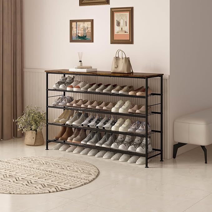 Shoe Rack 5 Tier Shoe Storage Organizer Metal Mesh Shelves with MDF Top Board for Entryway, Hallway, Closet,Bedroom，Living Room (Black+Rustic Brown, Large 5 Tier)